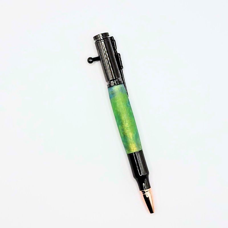 Green and gold acrylic resin pen body with gun metal bolt action pen finishings.